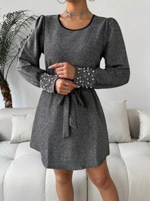 SHEIN Clasi Ladies' Long-Sleeved Dress With Gold & Silver Thread And Bubble Beads Embellishment Fall Cloth For Women - Silver - View 4