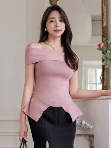 DAZY Effen kleur off-shoulder asymmetrische zoom sexy gebreide top, ruches