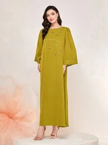 Al Najma 水鑽細節泡泡袖土耳其長袍 - 芥末黃 - 查看 3