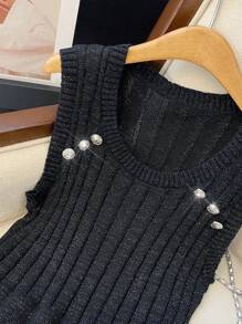 Calvaya Kích thước lớn Của phụ nữ Không tay Đầm Áo len Với nút Trang trí - màu đen - Xem 3