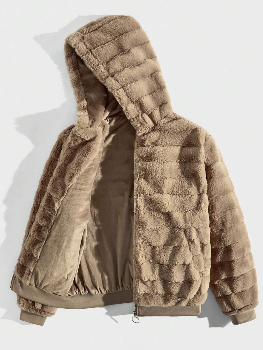 Manfinity EZcore Men's Ultra-Loose Fit Zip-Up Fuzzy Hooded Jacket - Khaki - View 1