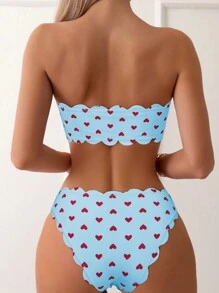 SHEIN Swim 女式愛心印花比基尼套裝,帶扇貝邊 - 藍色 - 查看 2