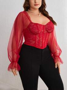 SHEIN Privé Top Elegante De Manga Larga De Encaje De Malla Para Mujer De Talla Grande