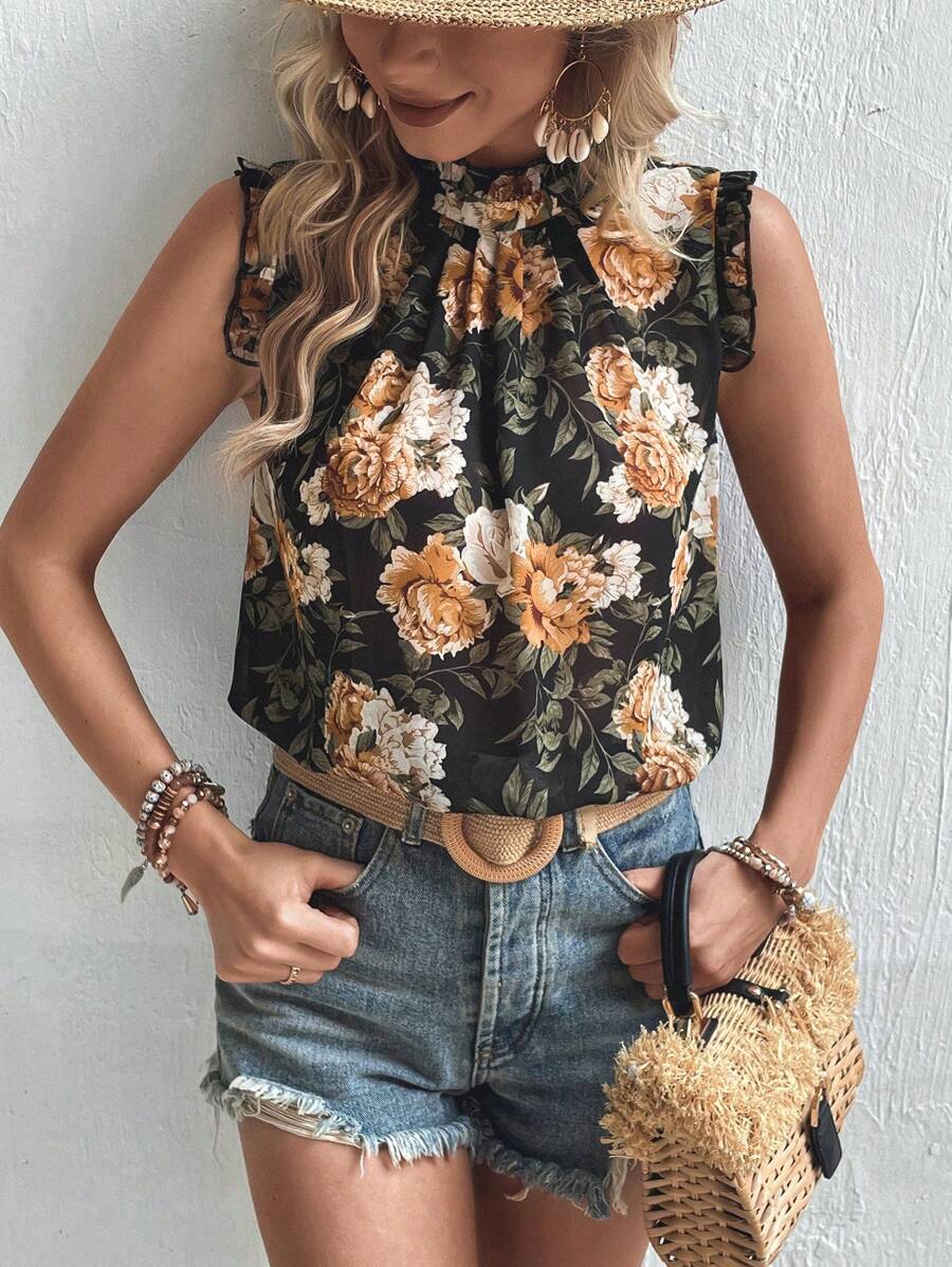 SHEIN Clasi Floral Print Frill Trim Mock Neck Sleeveless Blouse - Black - View 1