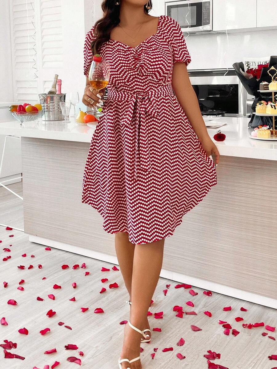 SHEIN Clasi Kích thước lớn Của phụ nữ Chấm bi In Tay áo lồng đèn Đầm - Đỏ - Xem 1