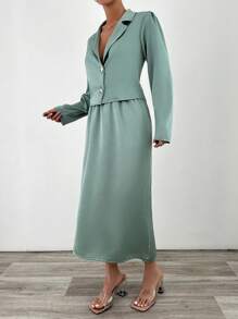 SHEIN Cottnline Satin Set With V Neck Detail - Mint Green - View 4