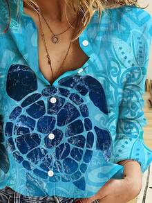 Camicia Da Donna Elegante E Casual Con Stampa Tartaruga A Maniche Lunghe, Colletto Rovesciato, Ampia E Delicata Sulla - Blu verde acqua - Visualizzare 3