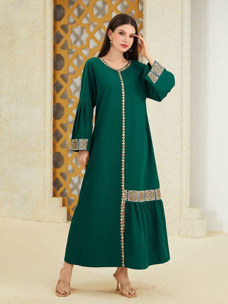 Women's Floral Pattern Flare Sleeve Arabian Dress