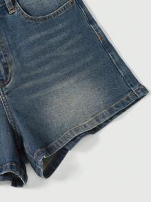 ROMWE Fairycore 带十字绣和水钻装饰的大码牛仔短裤，学校 - 藍色 - 查看 4