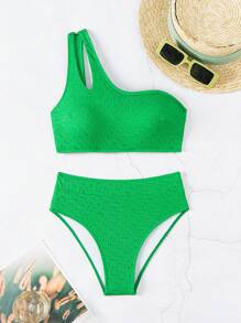 Swim Vcay Bộ bikini khoét vai một vai dành cho nữ đi biển mùa hè - màu xanh lá - Xem 7