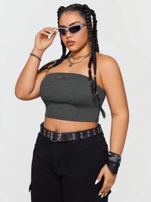 SHEIN EZwear CURVE 女士加大紗織無肩帶半截上衣 - 灰色 - 查看 5
