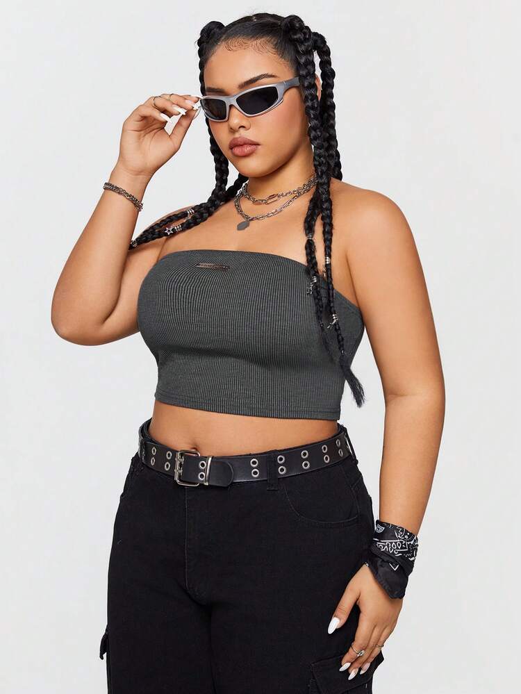Women's Plus Size Knit Cropped Bandeau Top