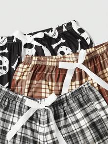 ROMWE Goth 3 cái/bộ Của phụ nữ Giải trí Kẻ sọc Sọ In hoa kỹ thuật số Quần thể thao Với Bowknot , Đen - Nhiều màu - Xem 5
