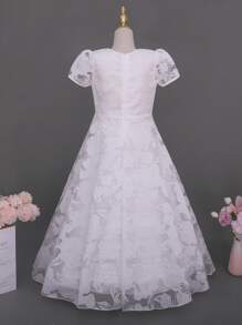 SHEIN Glamorique Kids Tween Girl 优雅花卉印花白色 V 领长款派对连衣裙，适合生日派对、婚礼、晚会 - 白色 - 查看 2