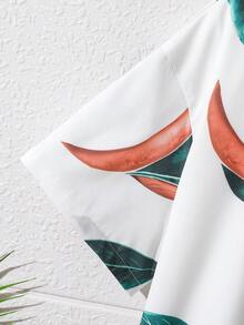 SHEIN Cậu bé Tween Giải trí Kỳ nghỉ Phong cách Ngắn tay Dệt Áo sơ mi Với Bản in lá & Cổ bẻ - trắng - Xem 6