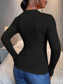 SHEIN Essnce Của phụ nữ Màu thuần Nút phía trước Đan Xương sườn Thon gọn Áo thun - màu đen - Xem 2