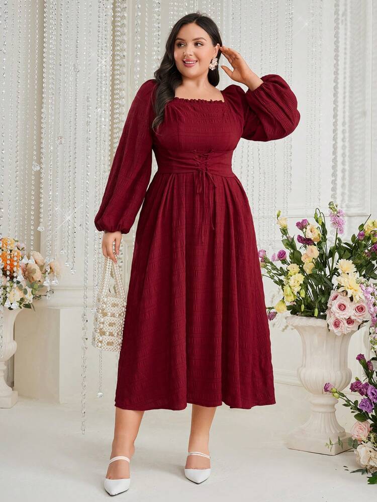 Burgundy Red Plus Size Solid Color Square Neck Lantern Sleeve Dress Long Evening Dresses