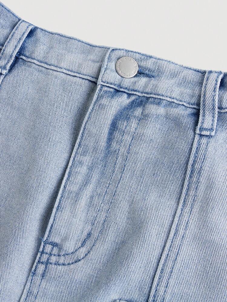 Teen Girl's Casual High Waist Mini A-Line Denim Skirt With Cargo Pocket Detail