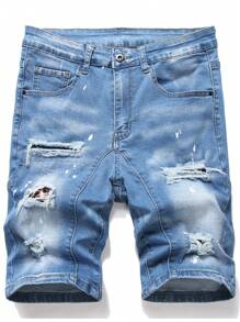 Manfinity Homme Men's Plus Size Distressed Denim Shorts Jorts Plain Light Blue Vacation Basic - Light Wash - View 1