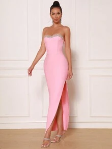 Modphy 镶钻装饰无肩带开衩高腰抹胸伴娘礼服、派对绷带裙、婚礼宾客礼服、正式礼服、晚礼服