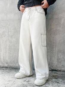 Claim Dot Men's Loose Fit Straight Leg Jeans With Exposed Seam Pockets, Casual Style, Men White Wide Leg Pants, Men White Casual Pants, Men Big Pocket Pants - White - View 1