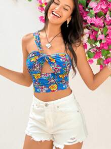 Soleia Women's Floral Print One Shoulder Hollow Out Top - Blue - View 1