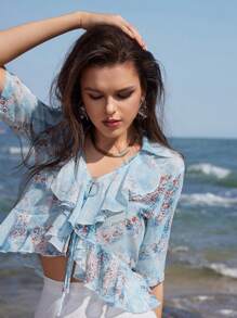 Zolique Women's Short Cropped Shirt With All-Over Floral Print And Ruffle Details