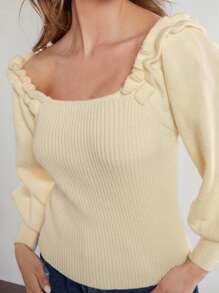 Hauture Solid Elegant Frill Ruffle Lantern Sleeve Sweater