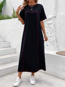 SHEIN LUNE Vestido Con Hombros Caídos Y Costuras En Contraste - Negro - Ver 4