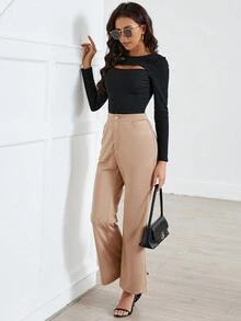 SHEIN Privé Của phụ nữ Màu thuần Quần loe - Màu Khaki - Xem 3