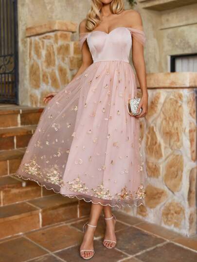 SHEIN Belle Elegant Pink Strapless Mesh Positioning Hem Embroidered Mesh Easter Graduation Evening Music Festival Wedding Party Suitable For Women Attending Cocktail Dresses