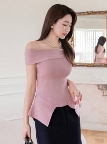 DAZY Effen kleur off-shoulder asymmetrische zoom sexy gebreide top, ruches