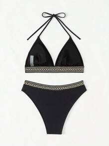 SHEIN Swim 女士吊带拼接比基尼套装夏季海滩 - 黑色 - 查看 4