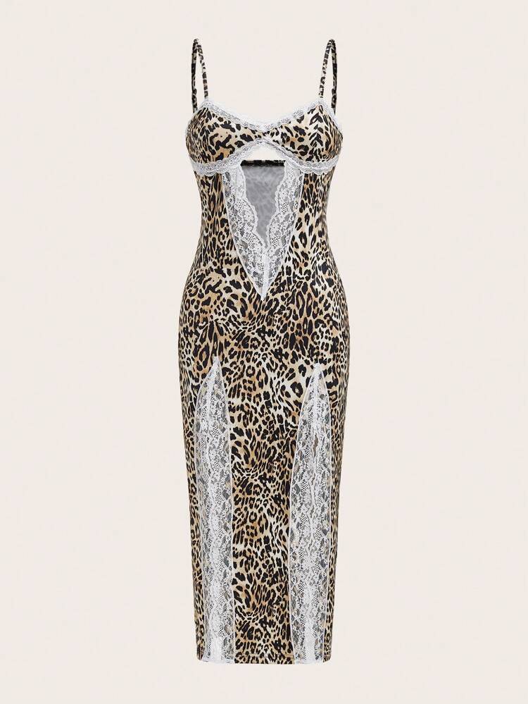 Leopard Print Cami Y2K Hollow Out Summer Dress With Lace Trim And Split Hem