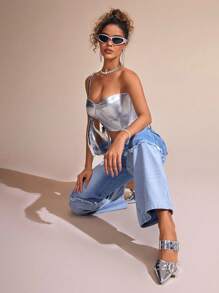 SHEIN BAE Vaqueros Holgados Para Mujer Con Bloqueo De Color Y Borde Deshilachado - Azul - Ver 1