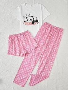 兒童少女粉白相間格子褲和短褲,休閒家居服套裝,圓領短袖貼圖熊貓印花 - 彩色 - 查看 5