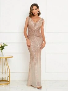 鑲有鑽石連鎖袖子的亮片正式禮服 - 金色 - 查看 3