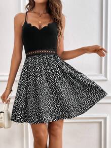 SHEIN Frenchy 女式 A 字裙摆花卉下摆蕾丝腰拼接吊带贝壳边饰夏季优雅连衣裙太阳裙波西米亚风花卉连衣裙夏装 - 黑色 - 查看 2