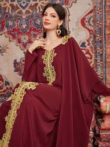 Al Najma Burgundy Red Women's Long Embroidered Turkish Shirt Dress With Beads Kaftan Jalabiya Dress - Burgundy - View 3