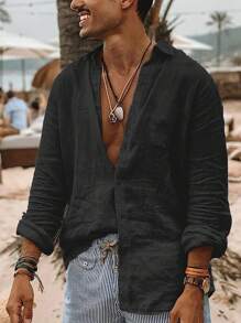 Men's Casual Long Sleeve Linen-Like Shirt - Black - View 3