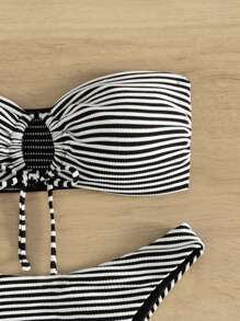 SHEIN Swim Summer Beach Women's Striped Hollow Out Two Pieces Bikini Set - Black and White - View 4