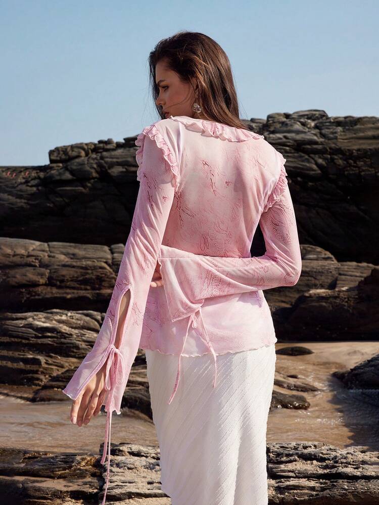 1pc Knotted Front Long Sleeve Blouse