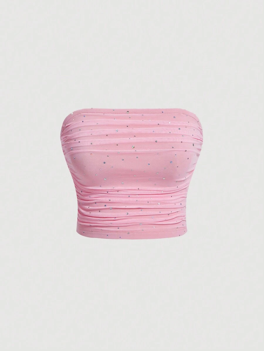 SHEIN MOD Women's Glitter Mesh Strapless Concert Top - Pink - View 1