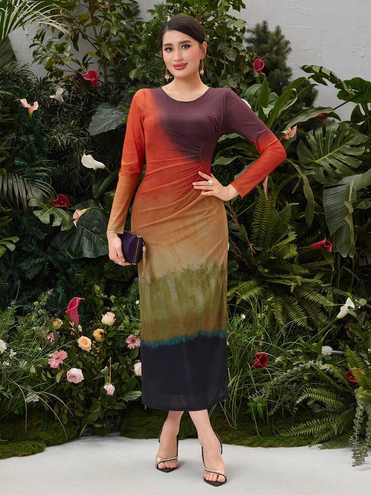 Ladies' Slim Fit Ombre Crew Neck Long Sleeve Dress Fall Cloth For Women