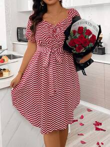 SHEIN Clasi Kích thước lớn Của phụ nữ Chấm bi In Tay áo lồng đèn Đầm - Đỏ - Xem 3