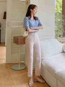 DAZY Áo len dệt kim nhẹ cổ chữ V tay ngắn màu trơn dành cho nữ, trang phục thường ngày công sở mùa hè thu - Màu xanh lam - Xem 3