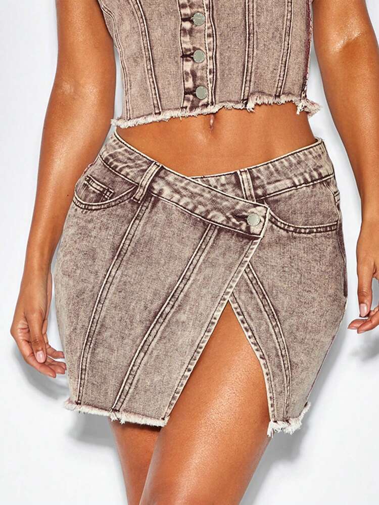 Denim Asymmetrical Skirt - Reddish Brown Wash&Valentine Day Decor