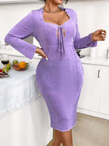 SHEIN Clasi Plus Size Women's Frill Edged Front Tie Dress - Purple - View 4