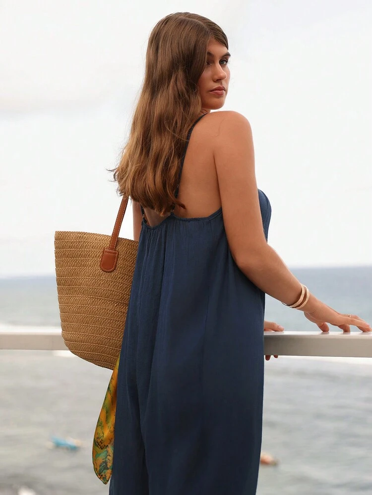 Summer Beach Women's Solid Color Spaghetti Strap Jumpsuit Cover Up Carnival