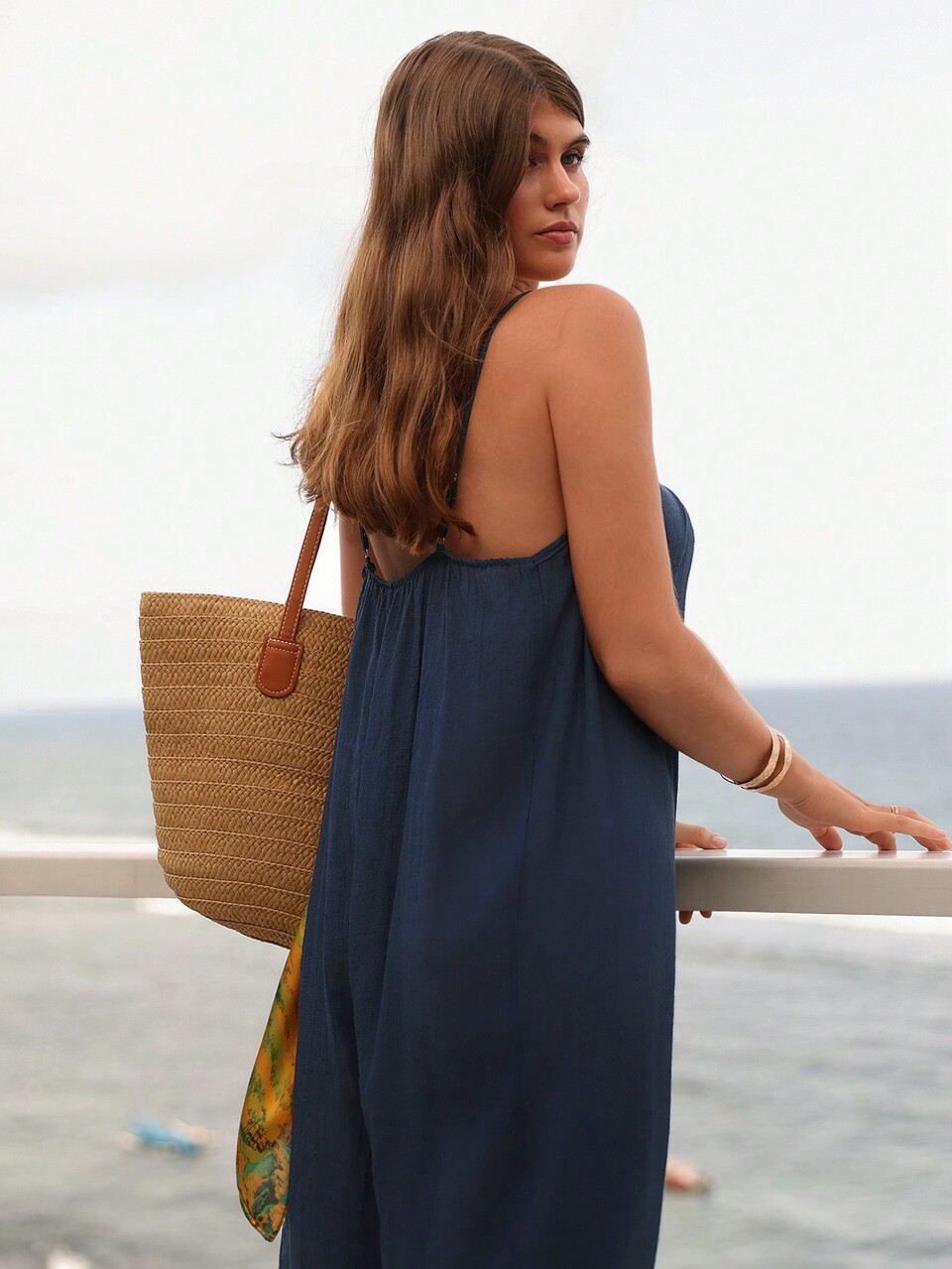Summer Beach Women's Solid Color Spaghetti Strap Jumpsuit Cover Up Carnival